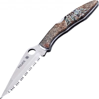 Коллекционный складной нож Santa Fe Spyderco Police Serrated, сталь VG-10, рукоять сталь с накладкой из тигрового коралла/абалона купить в Вологде